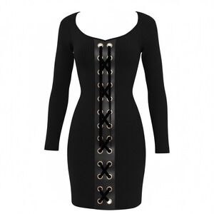 Say What Black Ribbed Knit Lace Up Faux Leather Bodycon Mini Dress Womens Medium